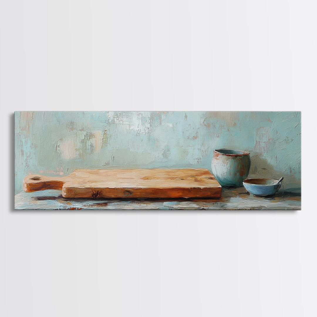 Wooden Cutting Board And Blue Pottery Wall Art, Rustic Kitchen Decor, Farmhouse Art Print, Still Life Painting, Home Decor