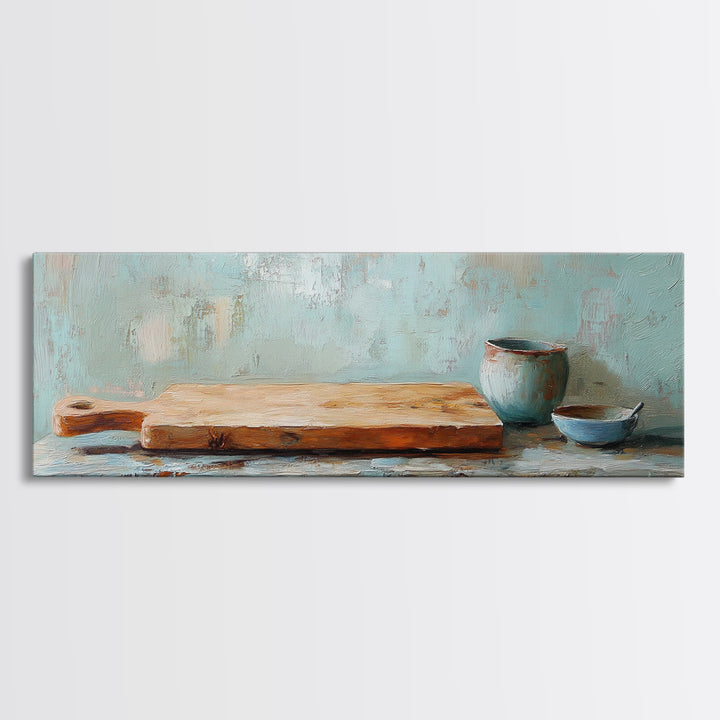 Wooden Cutting Board And Blue Pottery Wall Art, Rustic Kitchen Decor, Farmhouse Art Print, Still Life Painting, Home Decor