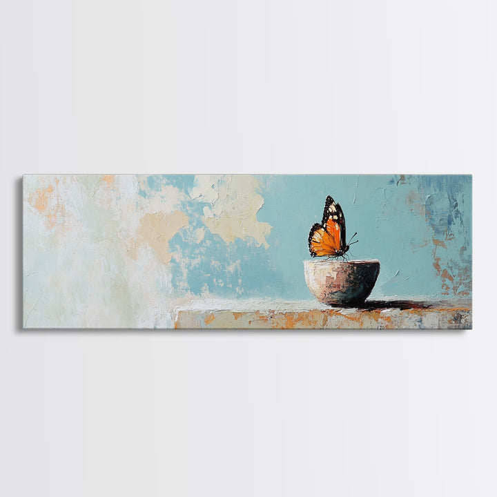 Orange Butterfly In Small Bowl Canvas Print, Blue Abstract Wall Art, Whimsical Animal Art, Modern Kitchen Decor Gift For Her