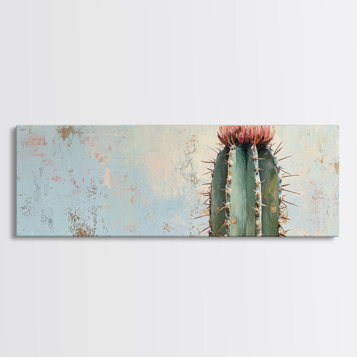 Tall Flowering Cactus Canvas Print, Minimalist Desert Wall Art, Southwestern Botanical Home Decor, Pink Cactus Gift For Her