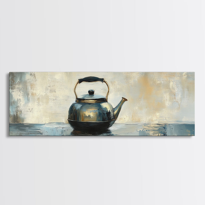 Black Tea Kettle Still Life Canvas Print, Rustic Kitchen Wall Art, Farmhouse Home Decor, Cozy Coffee Bar Gift For Tea Lovers