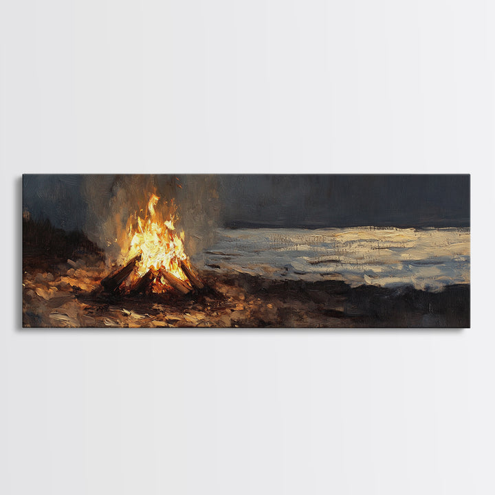 Moody Campfire By Dark Shore Wall Art, Rustic Cabin Canvas Print, Night Landscape Living Room Decor, Cozy Masculine Gift For Him