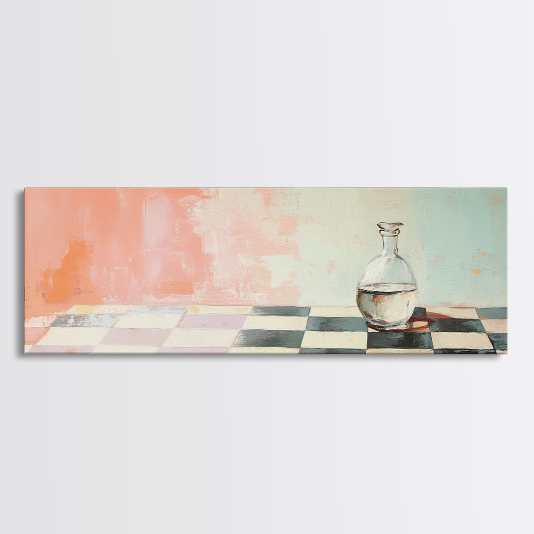 Minimal Glass Bottle On Checkered Table Canvas Print, Pastel Kitchen Wall Art, Modern Minimalist Dining Room Home Decor Print