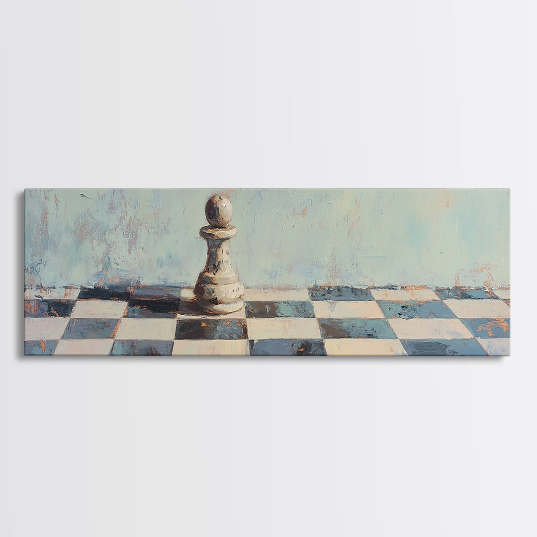 Lone Chess Pawn On Checkered Board Wall Art, Game Room Decor, Modern Office Canvas Print, Abstract Strategy Art Gift For Him