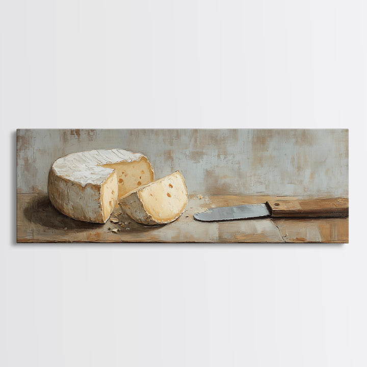 Brie Cheese And Knife Still Life Framed Canvas Print, Rustic Kitchen Wall Art, Farmhouse Dining Room Decor Foodie Gift For Chef
