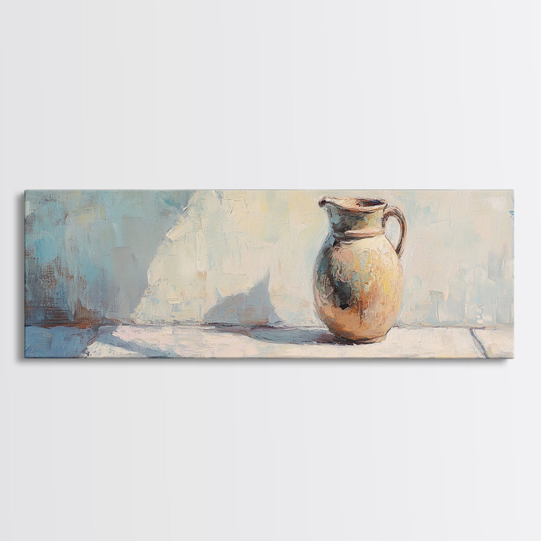 Sunlit Ceramic Pitcher Still Life Wall Art, French Country Decor, Neutral Kitchen Art, Rustic Canvas Print, Housewarming Gift