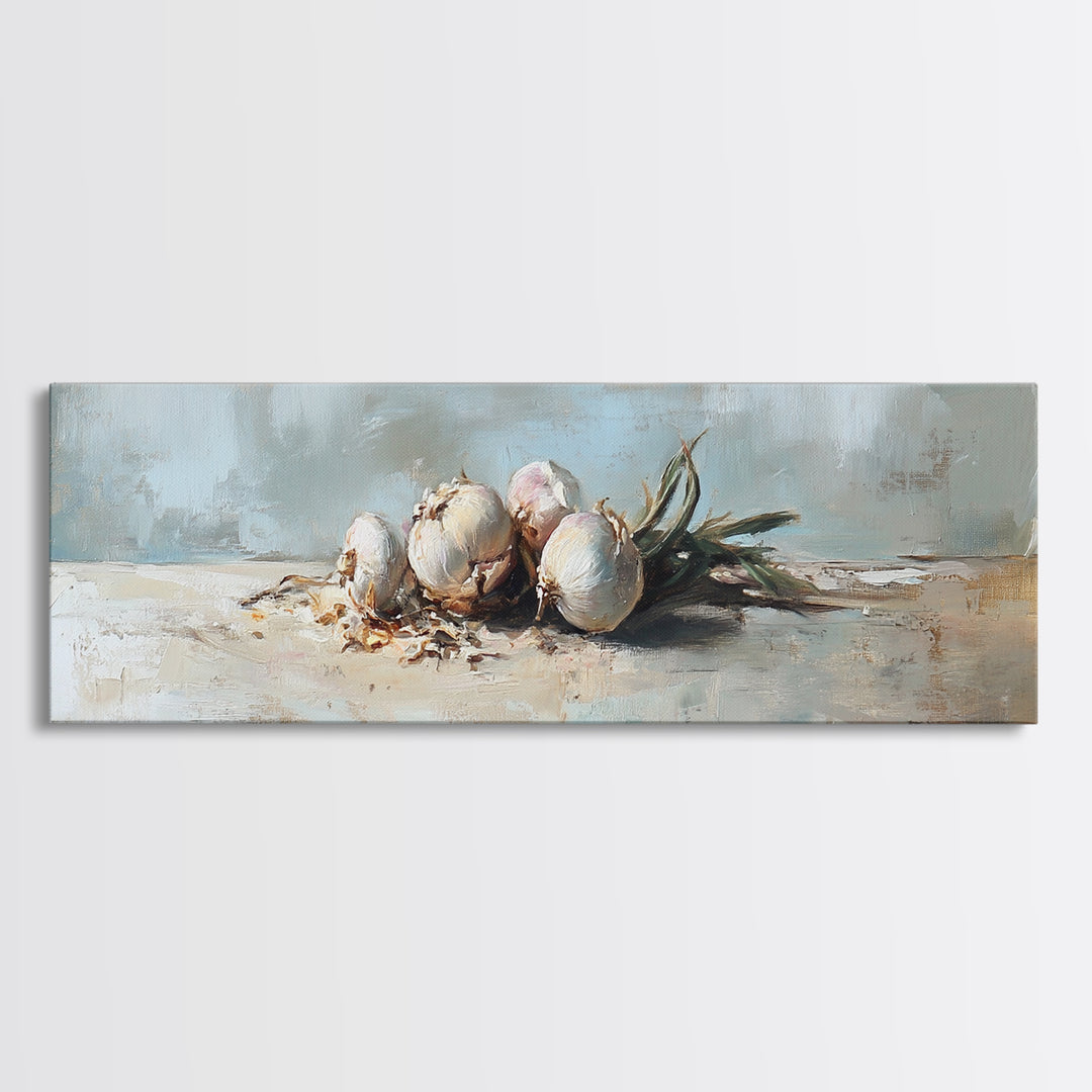 Rustic Garlic Bulbs Still Life Canvas Print, Kitchen Wall Art, Farmhouse Decor, Food Illustration, Culinary Home Decor Gift