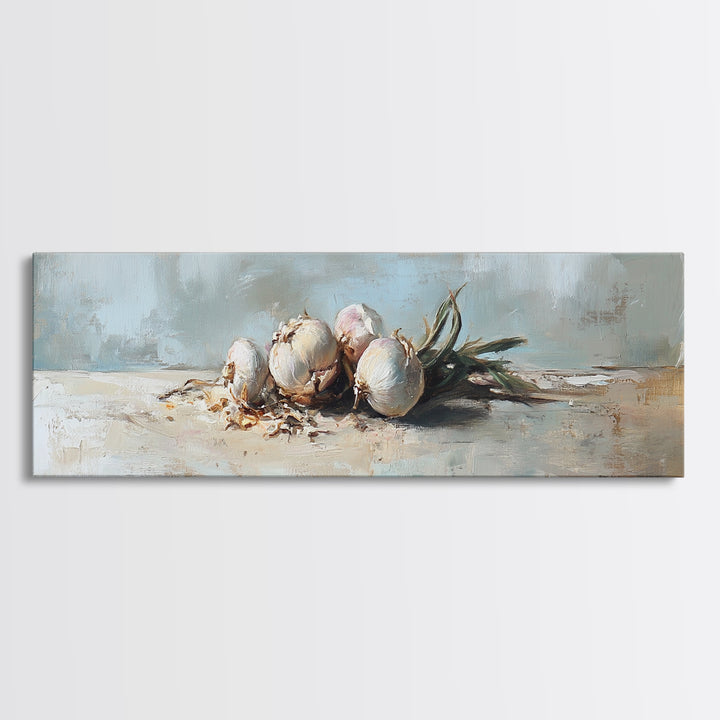 Rustic Garlic Bulbs Still Life Canvas Print, Kitchen Wall Art, Farmhouse Decor, Food Illustration, Culinary Home Decor Gift