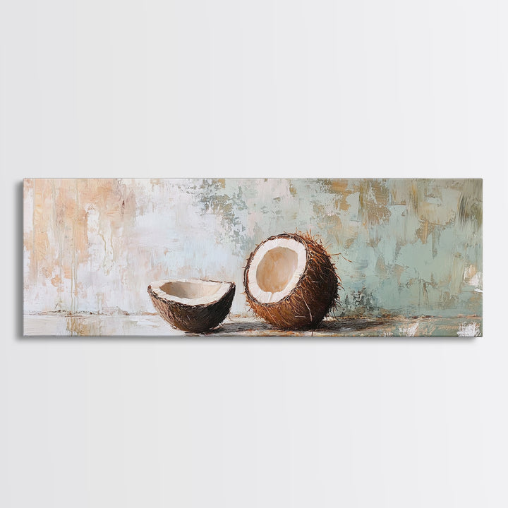 Cracked Coconut Still Life Canvas Print, Tropical Kitchen Wall Art, Coastal Decor, Beach House Decor, Food Illustration Print