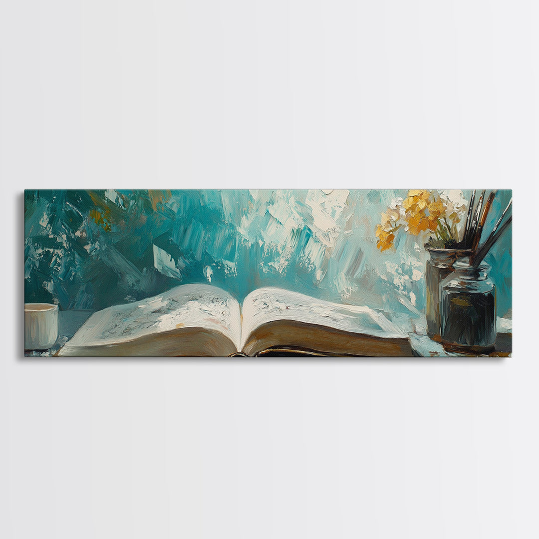 Open Book Still Life Wall Art, Cozy Reading Nook Decor, Library Art Print, Book Lover Gift, Teal Impasto Canvas For Living Room Home Decor