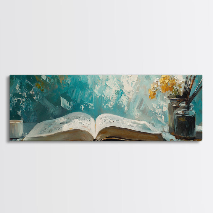 Open Book Still Life Wall Art, Cozy Reading Nook Decor, Library Art Print, Book Lover Gift, Teal Impasto Canvas For Living Room Home Decor