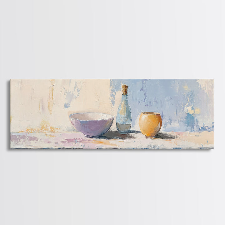 Pastel Bowl Bottle And Orange Canvas Print, Minimalist Kitchen Wall Art, Still Life Painting, Dining Room Decor Gift For Her