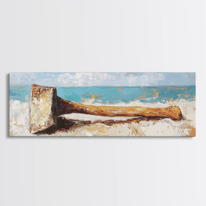 Weathered Axe On Sand Wall Art, Rustic Coastal Decor, Nautical Canvas Print, Beach House Artwork For Cabin Decor Gift For Him