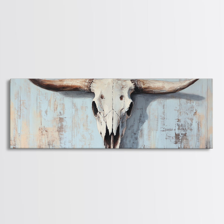 Longhorn Skull On Rustic Blue Wall Art, Western Cowboy Decor, Southwestern Farmhouse, Large Horizontal Ranch Housewarming Gift