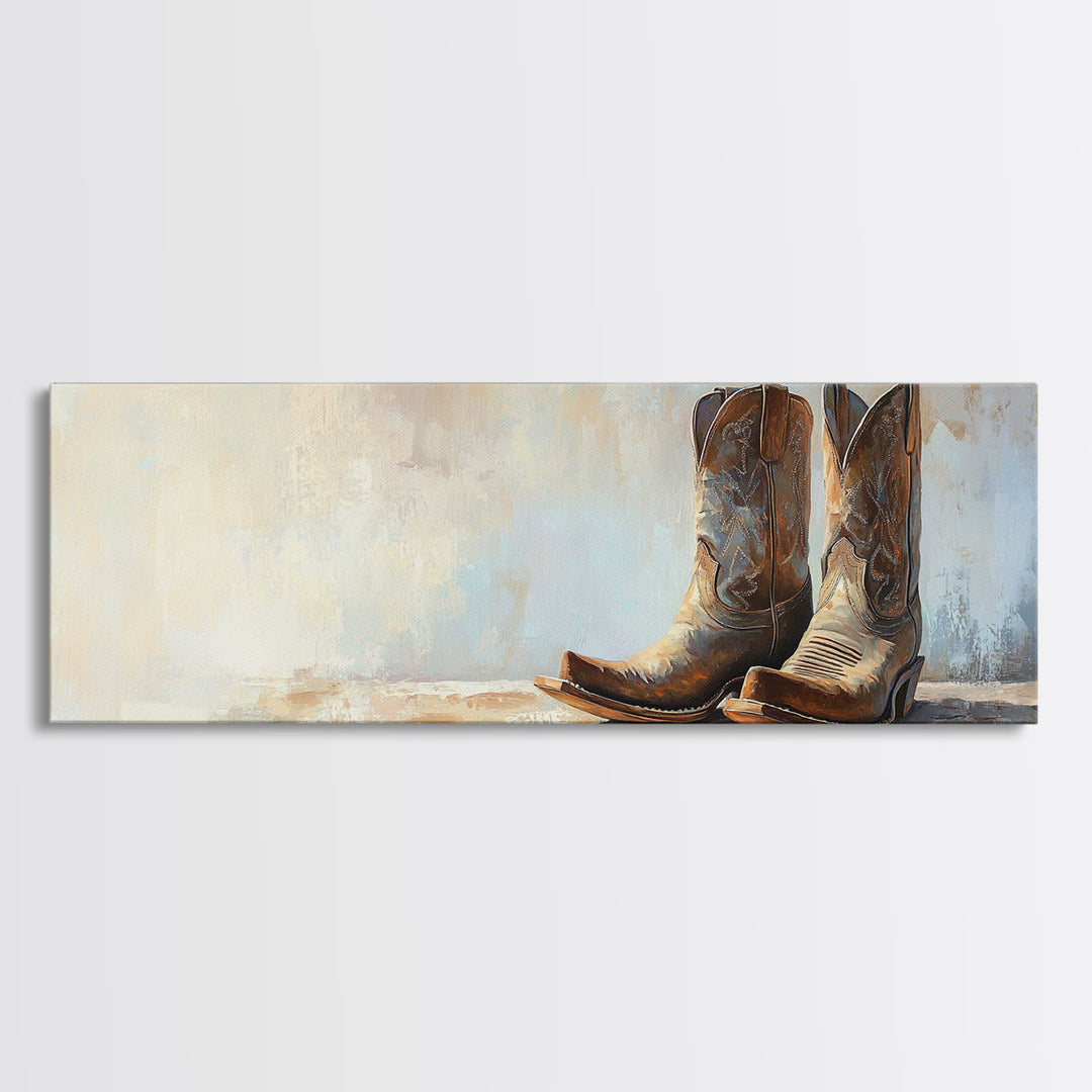 Weathered Cowboy Boots Framed Canvas Print, Western Wall Art, Rustic Ranch Decor, Southwestern Farmhouse Housewarming Gift