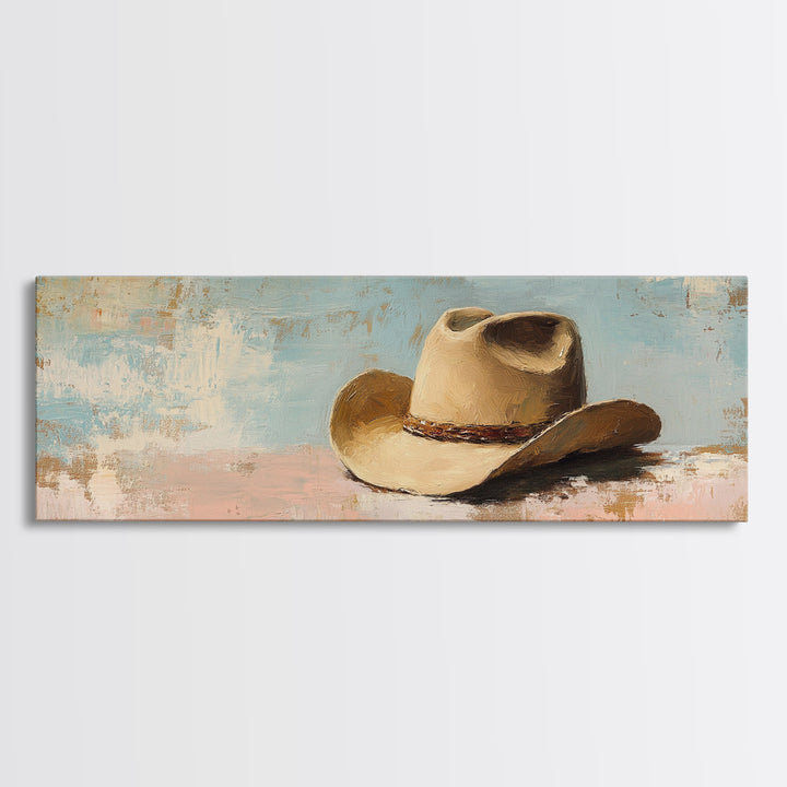 Tan Cowboy Hat On Pastel Blue Canvas Print, Western Wall Art, Rustic Ranch Decor, Southwestern Farmhouse, Neutral Bedroom Decor