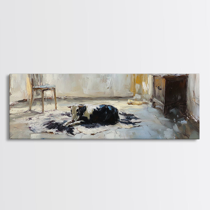 Black And White Cow Resting Canvas Print, Farmhouse Wall Art, Rustic Country Decor, Animal Lover Gift, Cozy Living Room Decor