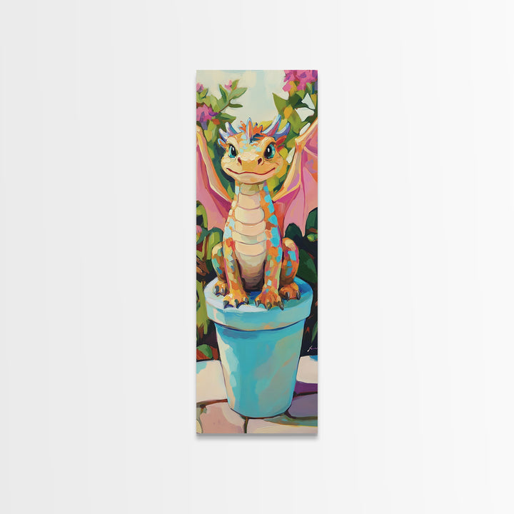 Cute Baby Dragon In Flower Pot Wall Art, Fantasy Art Print, Whimsical Nursery Decor, Kids Room Art, Unique Gift For Her