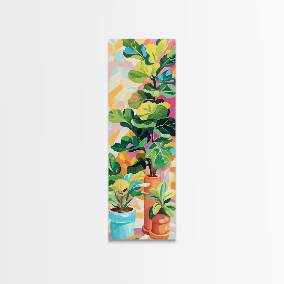 Potted Fiddle Leaf Plants Framed Canvas Print, Botanical Wall Art, Colorful Boho Home Decor, Plant Lover Housewarming Gift