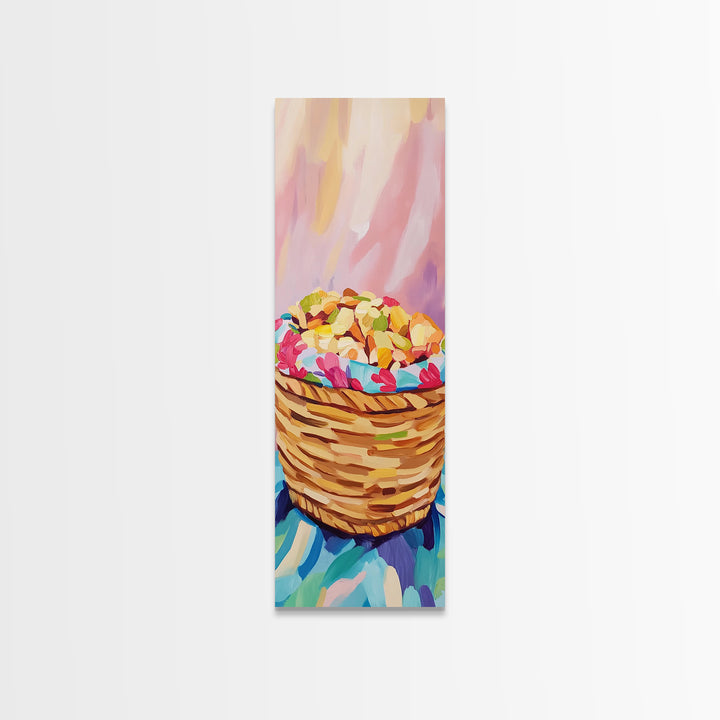 Woven Basket Of Colorful Sweets Canvas Print, Pastel Kitchen Wall Art, Bakery Decor, Cute Food Art Print, Housewarming Gift