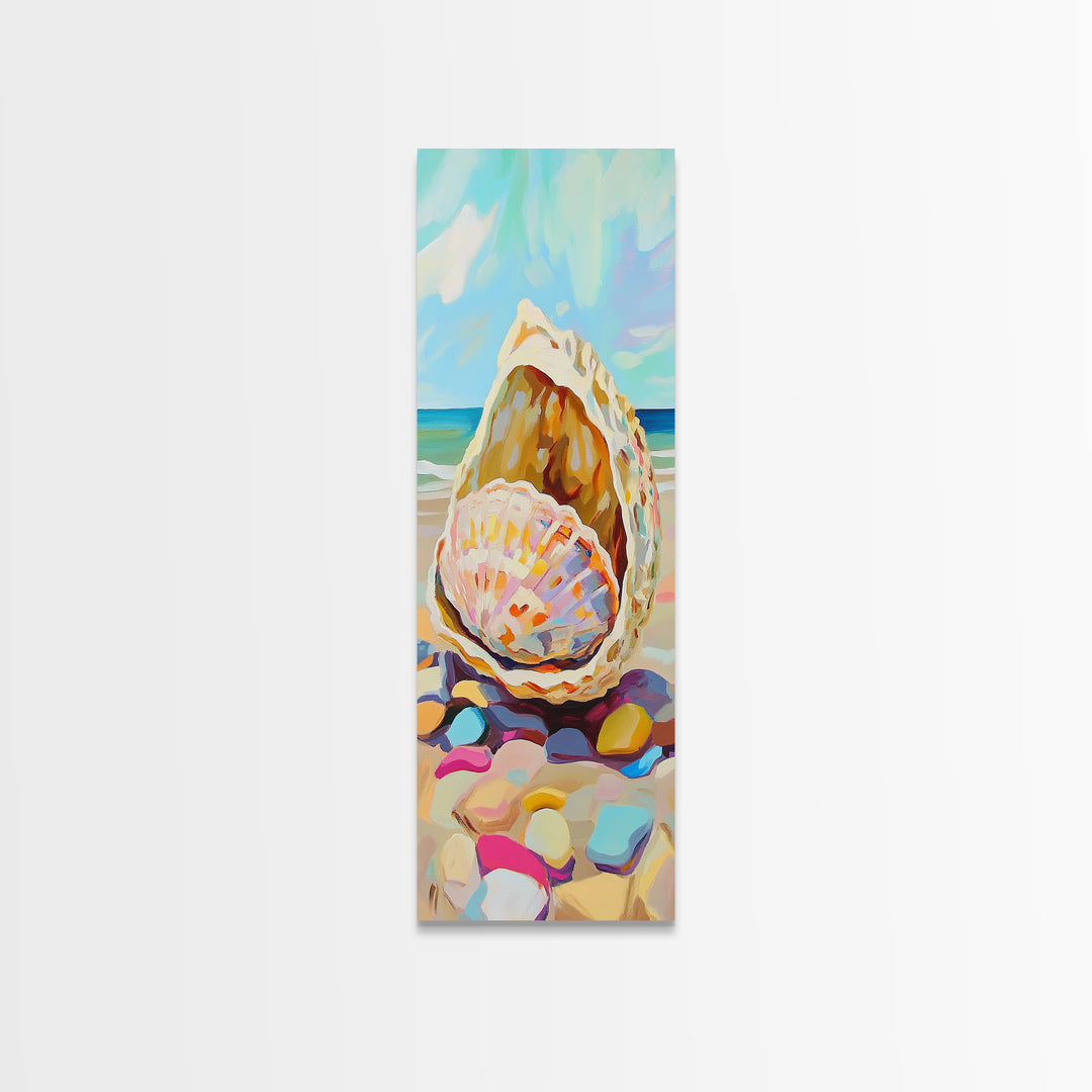 Pastel Seashells On Sunny Beach Wall Art, Coastal Canvas Wall Art, Beach House Decor, Ocean Art Print, Summer Home Decor