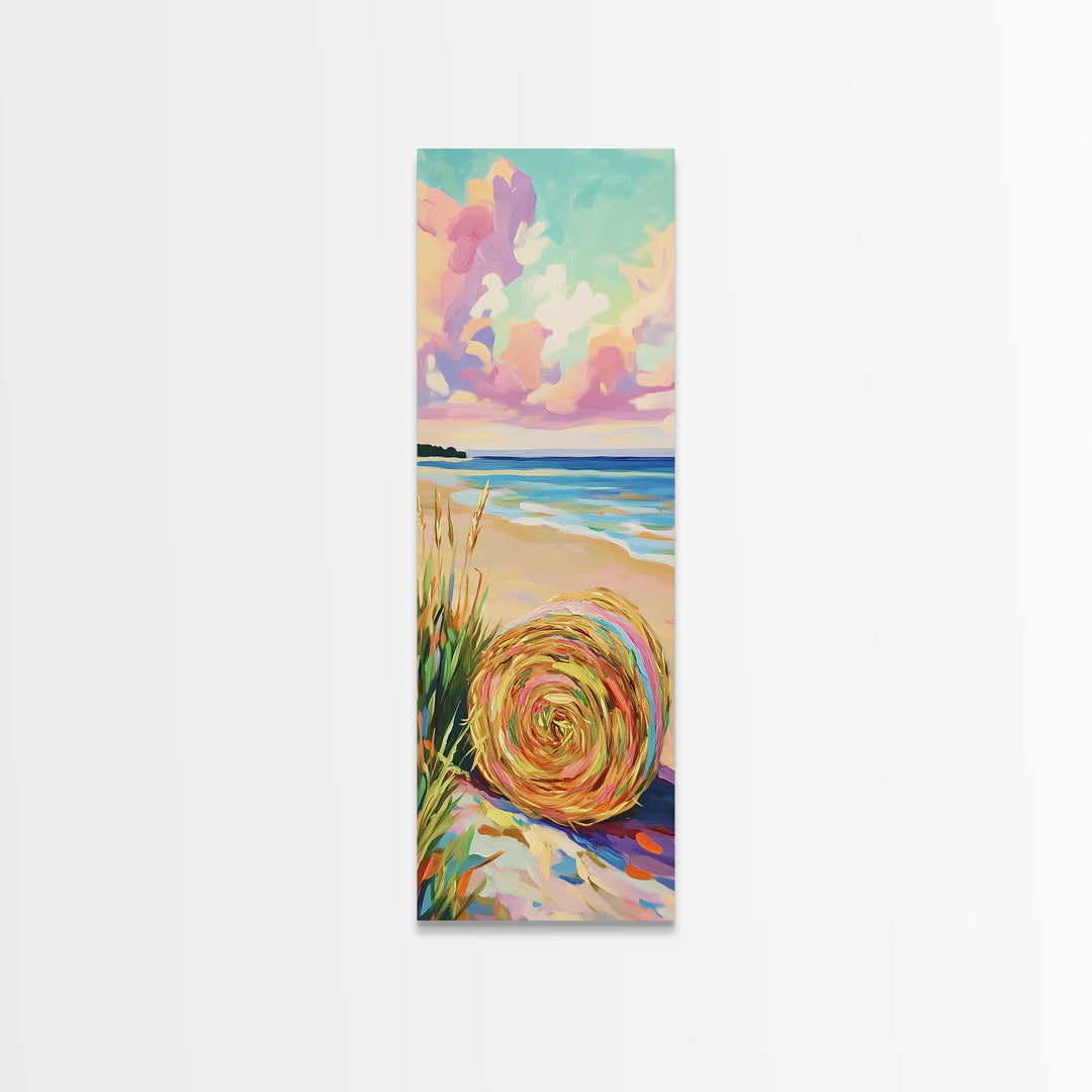 Pastel Beach Hat By The Ocean Canvas Print, Coastal Wall Art, Summer Beach House Decor, Serene Seascape Art Print, Wall Decor