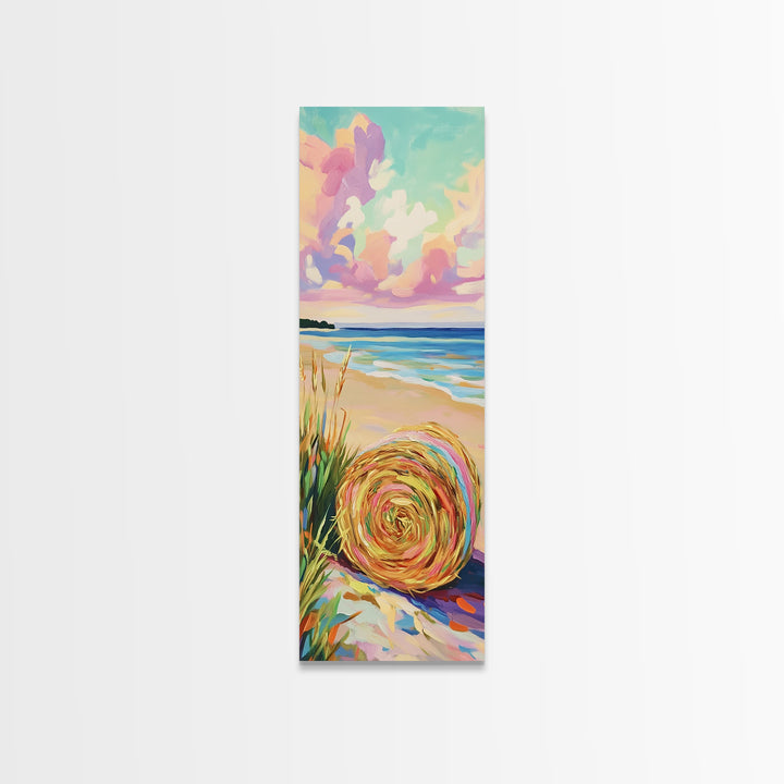 Pastel Beach Hat By The Ocean Canvas Print, Coastal Wall Art, Summer Beach House Decor, Serene Seascape Art Print, Wall Decor
