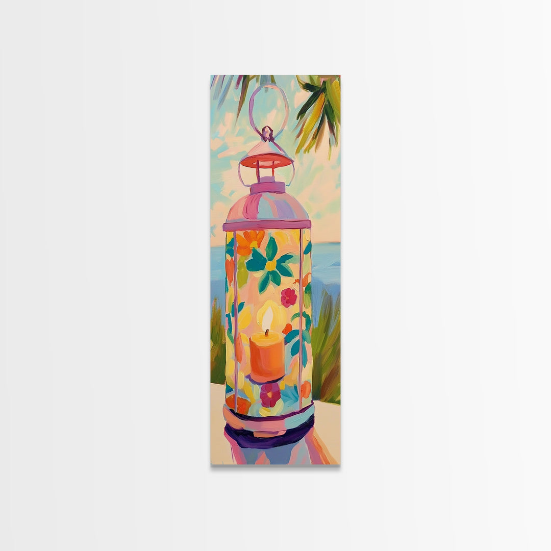 Pink Floral Candle Lantern Canvas Print, Coastal Wall Art, Tropical Beach House Decor, Bright Summer Patio Art For Living Room