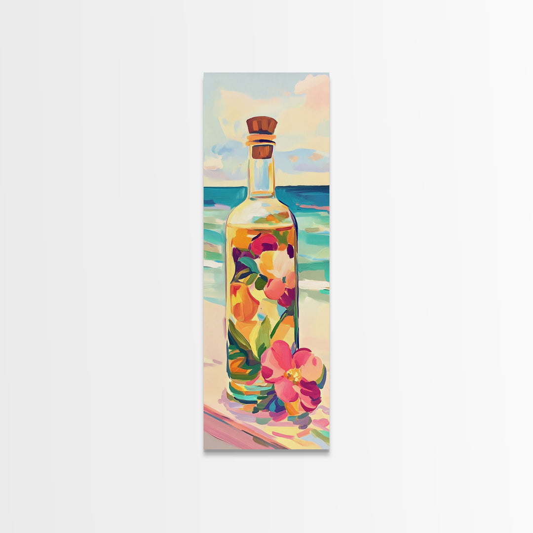 Floral Glass Bottle By Turquoise Sea Wall Art, Coastal Kitchen Decor, Beach House Art Print, Tropical Flowers Canvas Print