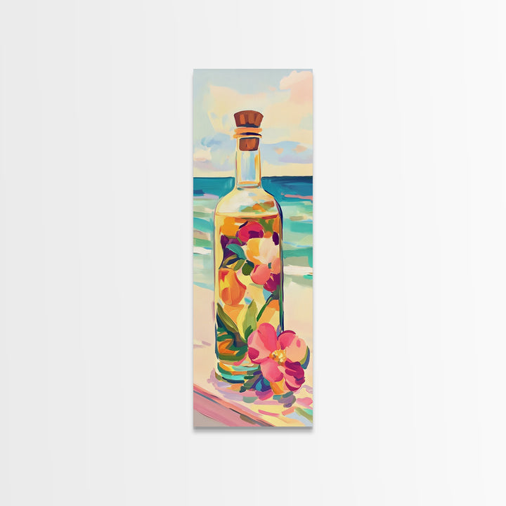 Floral Glass Bottle By Turquoise Sea Wall Art, Coastal Kitchen Decor, Beach House Art Print, Tropical Flowers Canvas Print