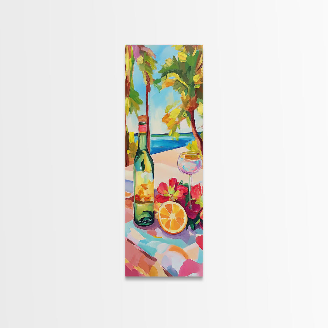 Tropical Wine Bottle And Citrus Still Life Wall Art, Beach House Decor, Coastal Kitchen Art, Summer Bar Cart Canvas Print