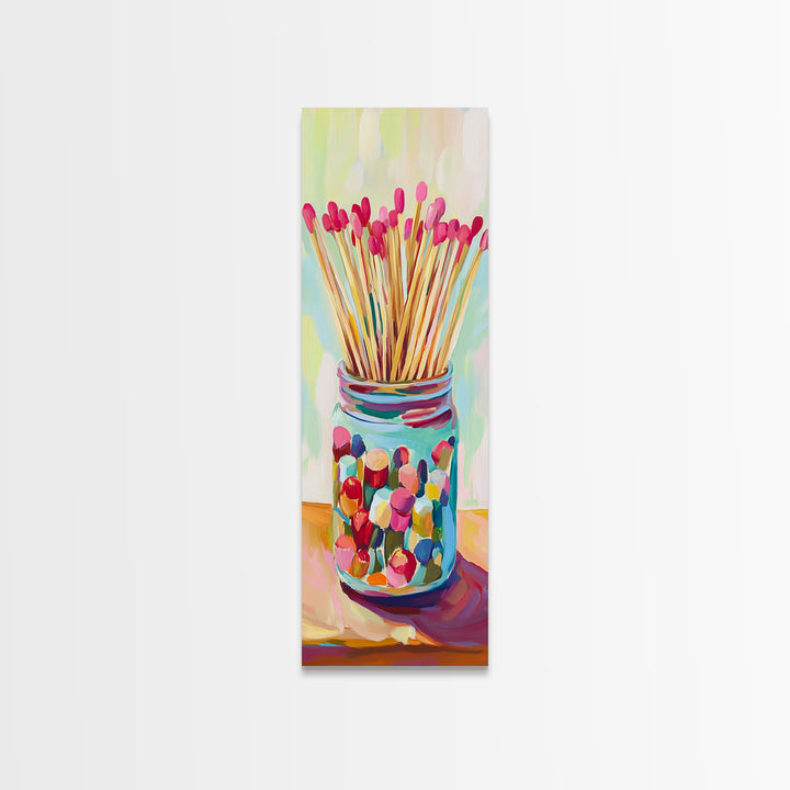 Colorful Matchstick Jar Canvas Print, Whimsical Kitchen Wall Art, Bright Still Life Painting, Fun Eclectic Home Decor Gift