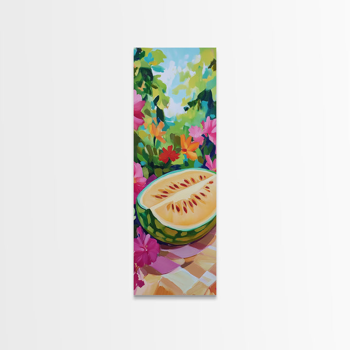 Sunlit Melon Slice In Garden Wall Art, Colorful Fruit Canvas Print, Tropical Kitchen Decor, Whimsical Summer Art Print Gift