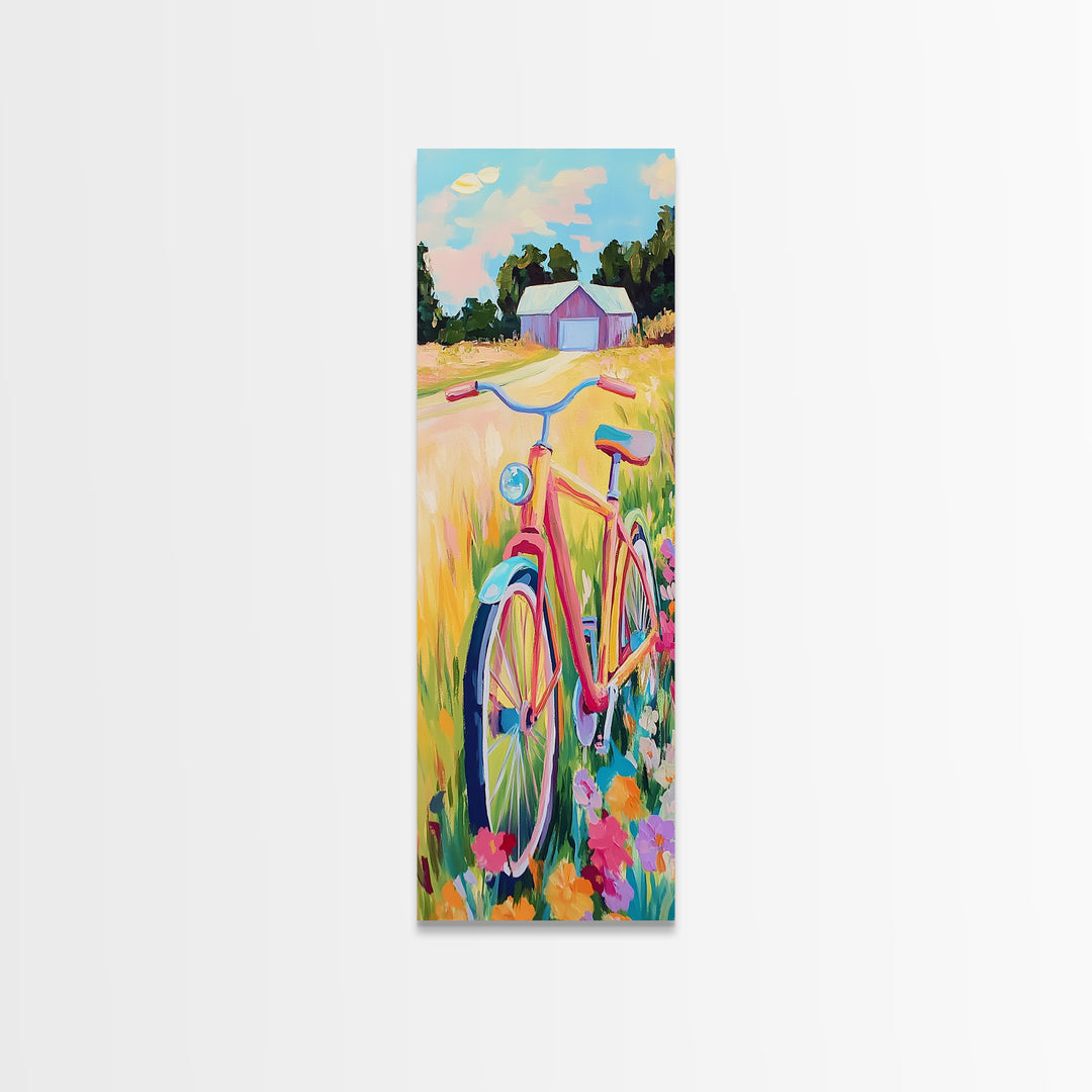 Pink Bicycle In Wildflower Meadow Wall Art, Rustic Country Canvas Print, Farmhouse Decor, Summer Landscape Art Gift For Her