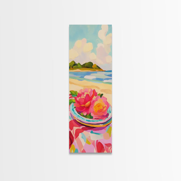 Pink Flowers On Sunny Beach Canvas Print, Coastal Seascape Wall Art, Feminine Summer Decor For Bedroom And Living Room Gift