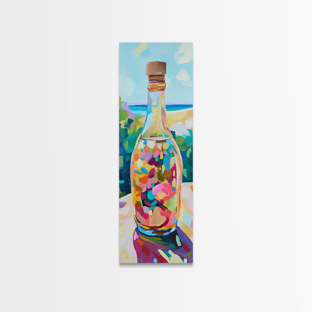 Colorful Sea Glass Bottle On Sunny Beach Wall Art, Coastal Canvas Wall Art, Beach House Decor, Vibrant Kitchen Art Print