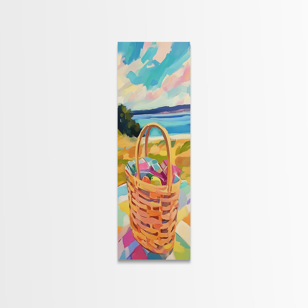 Woven Picnic Basket By Blue Ocean Wall Art, Coastal Beach House Decor, Summer Landscape Art, Framed Canvas Print, Gift For Her