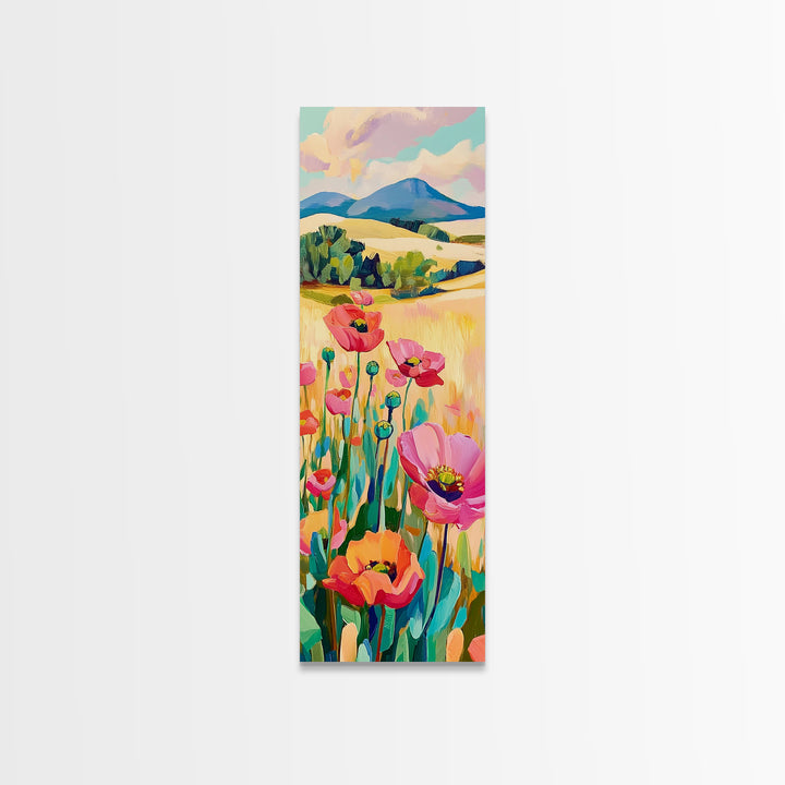 Pink Poppy Field Landscape Wall Art, Colorful Nature Canvas Print, Farmhouse Decor, Mountain Wall Art, Housewarming Gift