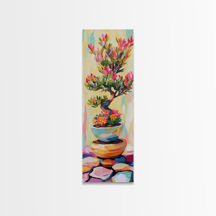 Flowering Bonsai Tree In Teal Pot Framed Canvas Print, Japandi Wall Art, Zen Home Decor, Botanical Decor, Housewarming Gift