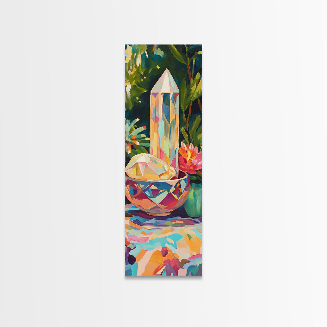 Rainbow Crystal Points With Tropical Flowers Canvas Print, Mystical Wall Art, Boho Home Decor, Meditation Room Decor, Gift