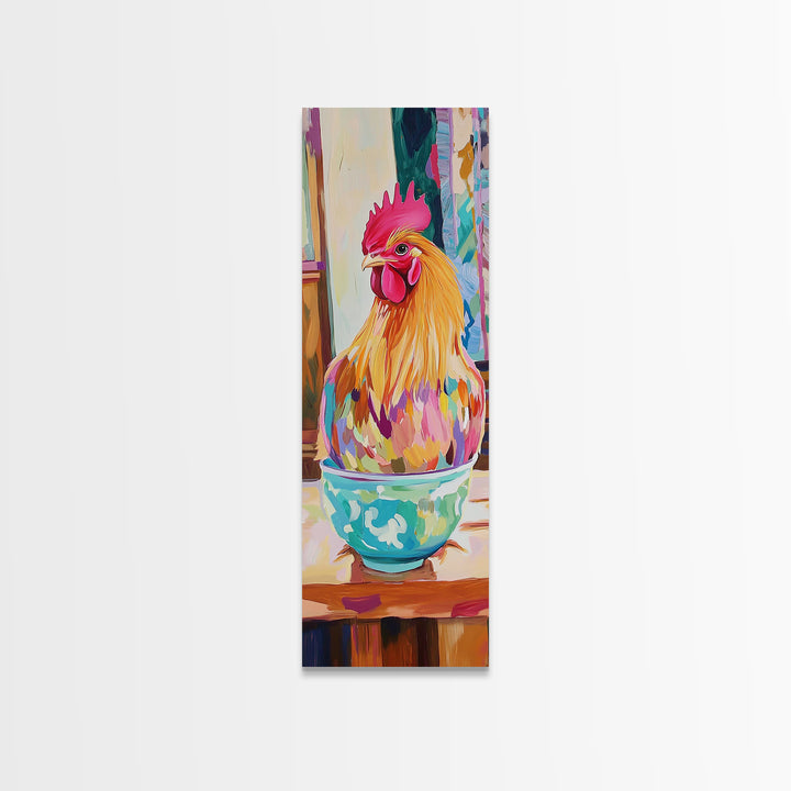Whimsical Rooster In Teacup Wall Art, Farmhouse Kitchen Canvas Print, Colorful Chicken Decor, Rustic Country Art Gift Idea