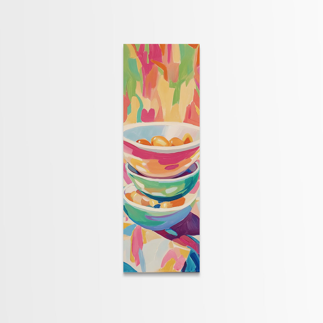 Stacked Colorful Bowls Wall Art, Bright Kitchen Canvas Print, Citrus Still Life Decor, Dopamine Dining Room Art Print Gift