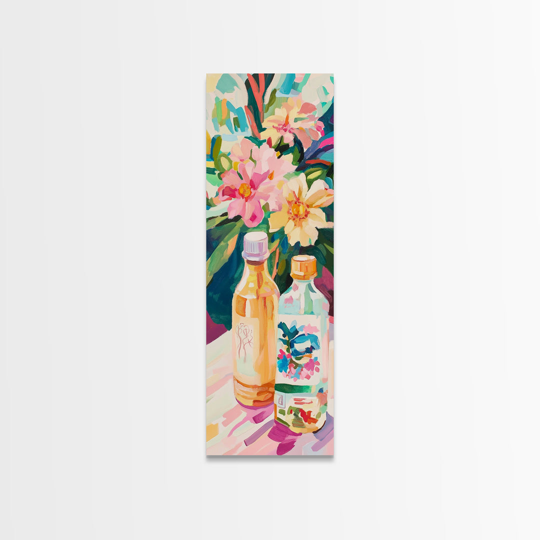 Tropical Flowers And Bottles Wall Art, Colorful Kitchen Canvas Print, Botanical Bar Cart Decor, Summer Dining Room Art Print