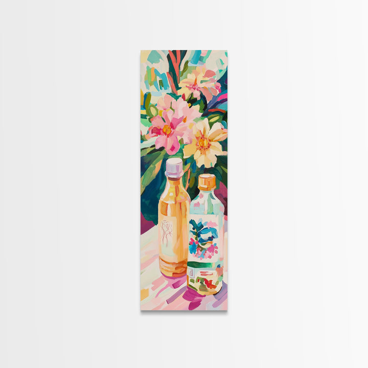 Tropical Flowers And Bottles Wall Art, Colorful Kitchen Canvas Print, Botanical Bar Cart Decor, Summer Dining Room Art Print