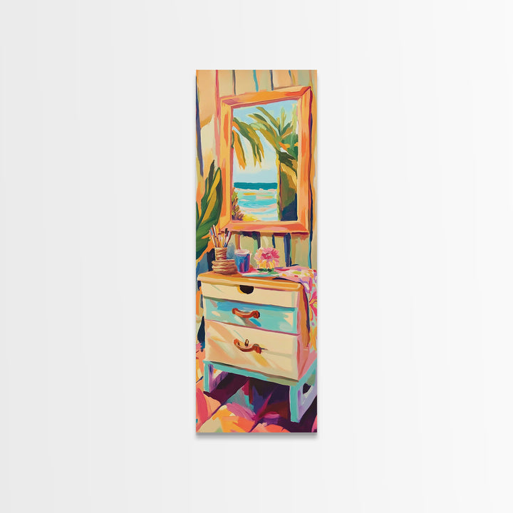 Coastal Vanity Mirror Wall Art, Beach House Canvas Print, Palm Tree Ocean Decor, Tropical Bedroom Wall Decor Gift For Her