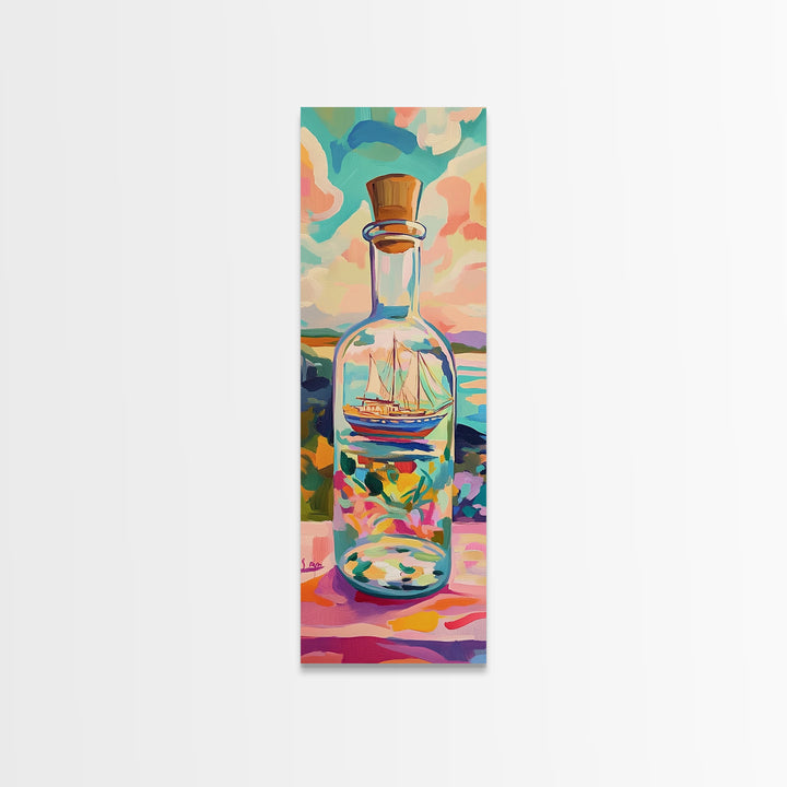 Sailing Ship In Glass Bottle Canvas Print, Coastal Wall Decor, Nautical Ocean Art, Beach House Decor, Gift For Sailboat Lover