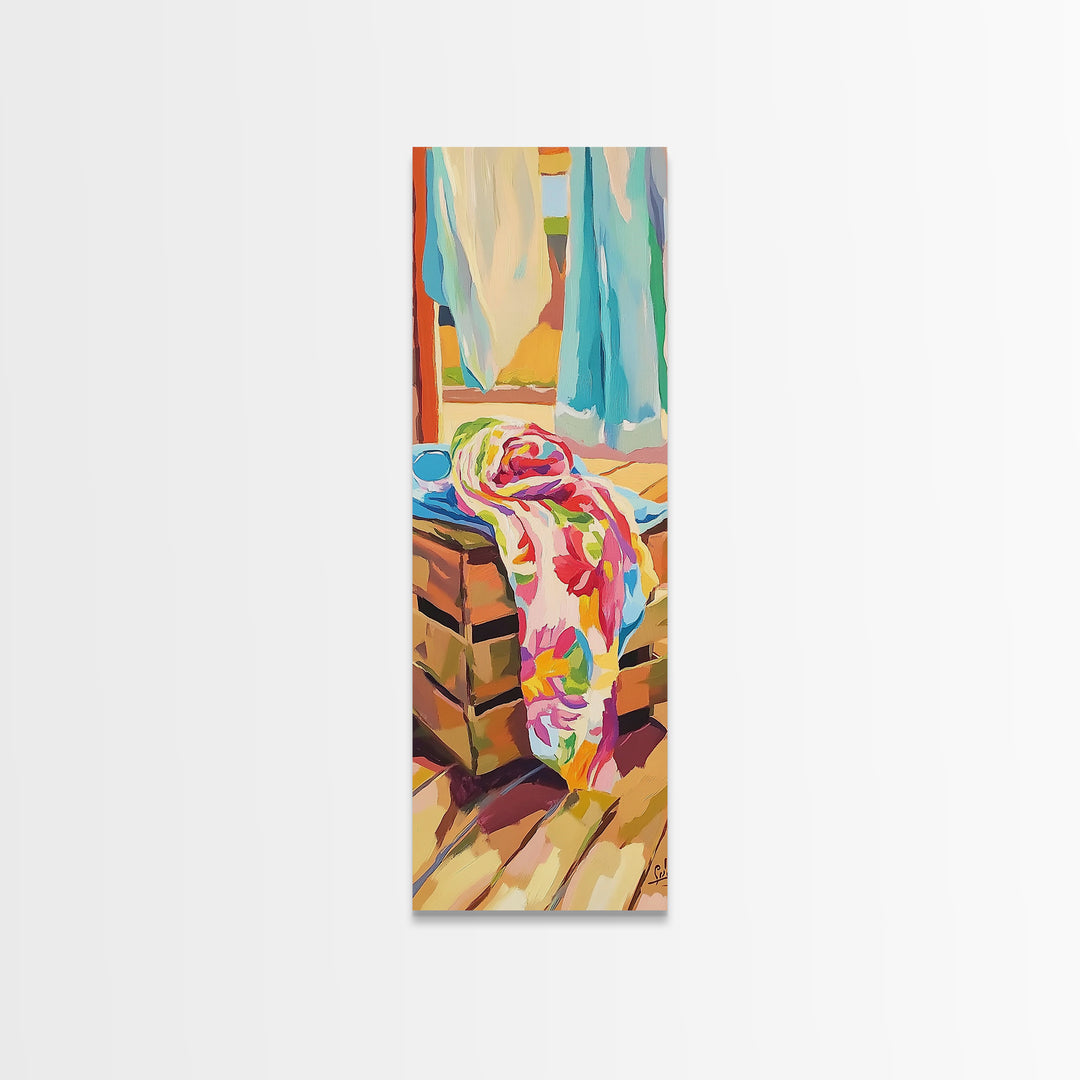Beach Towels On Sunlit Chair Framed Canvas Print, Coastal Home Decor, Summer Beach House Art, Colorful Bathroom Wall Art