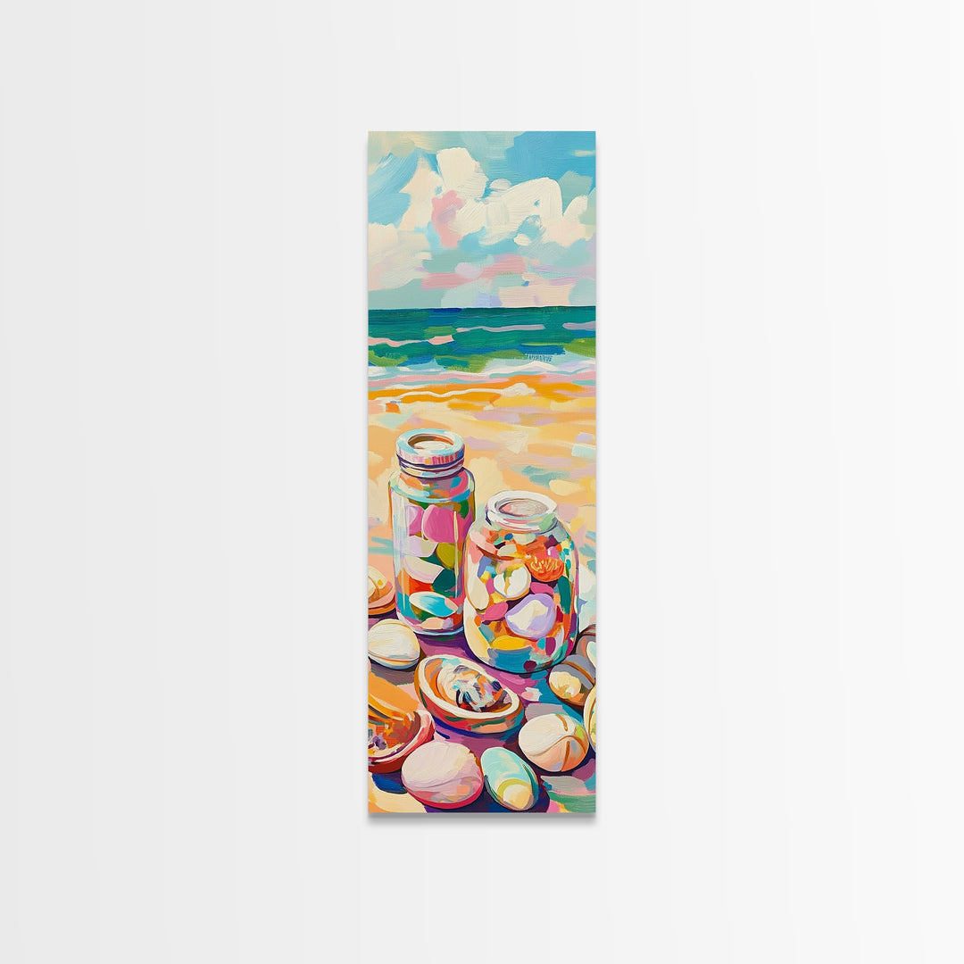 Beach Seashell Jars Canvas Print, Coastal Wall Art, Ocean Decor, Nautical Art Print, Beach House Living Room Decor Gift Idea