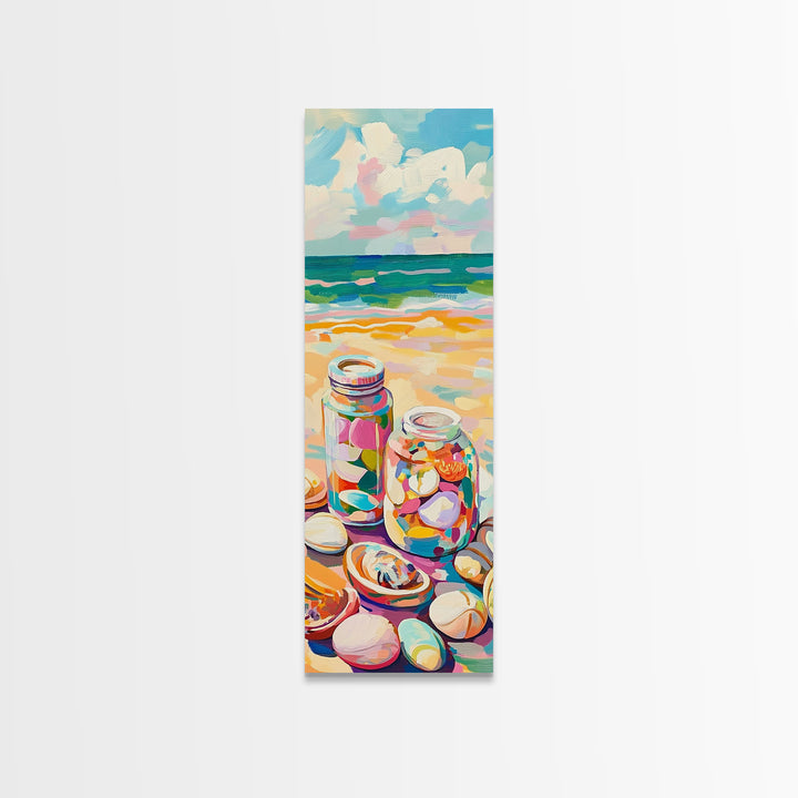 Beach Seashell Jars Canvas Print, Coastal Wall Art, Ocean Decor, Nautical Art Print, Beach House Living Room Decor Gift Idea