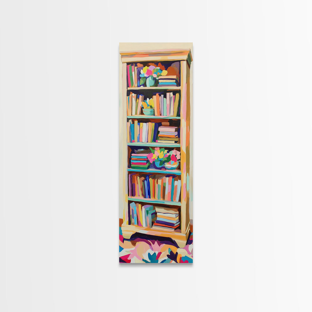 Tall Bookshelf And Flowers Canvas Print, Bookstore Wall Art, Library Decor, Book Lover Gift, Cozy Reading Nook Home Decor